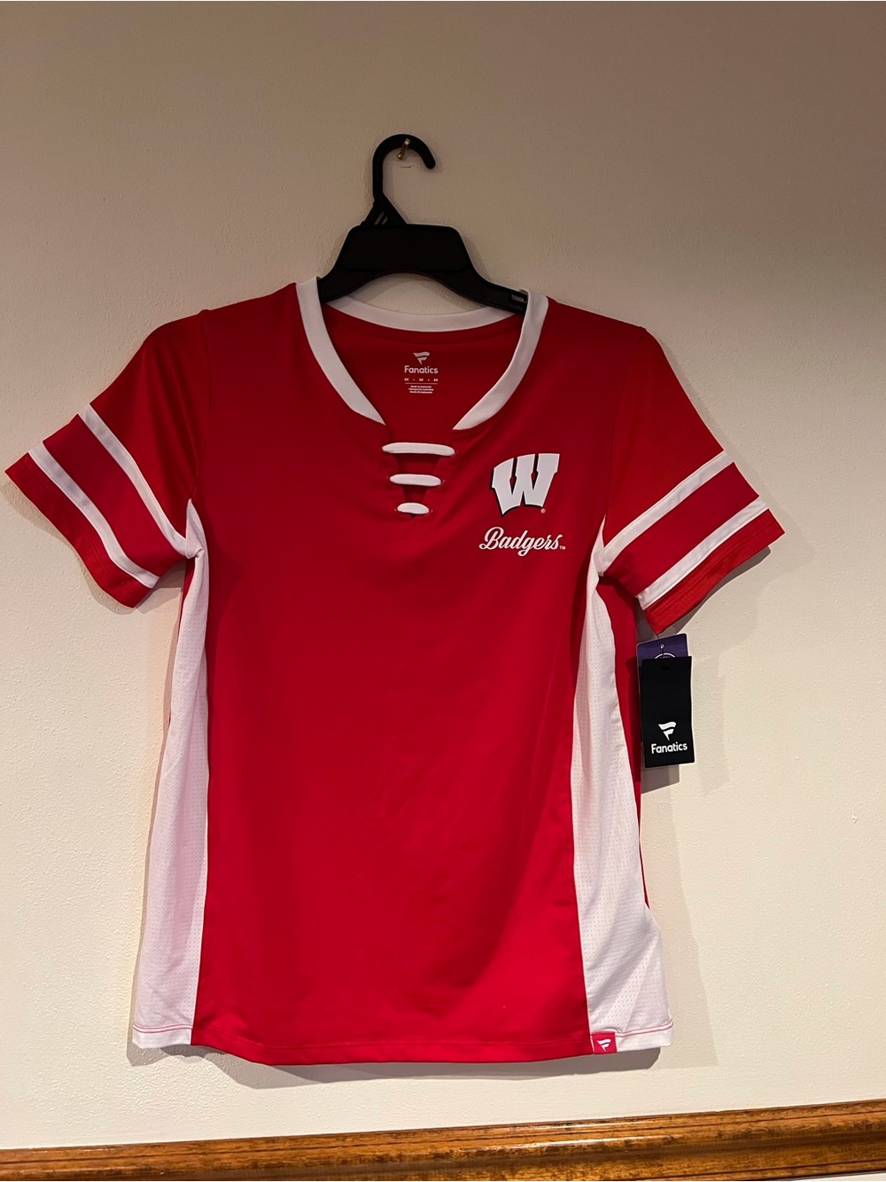Fanatics Red and White Wisconsin Badgers Lace-Up V-Neck Jersey